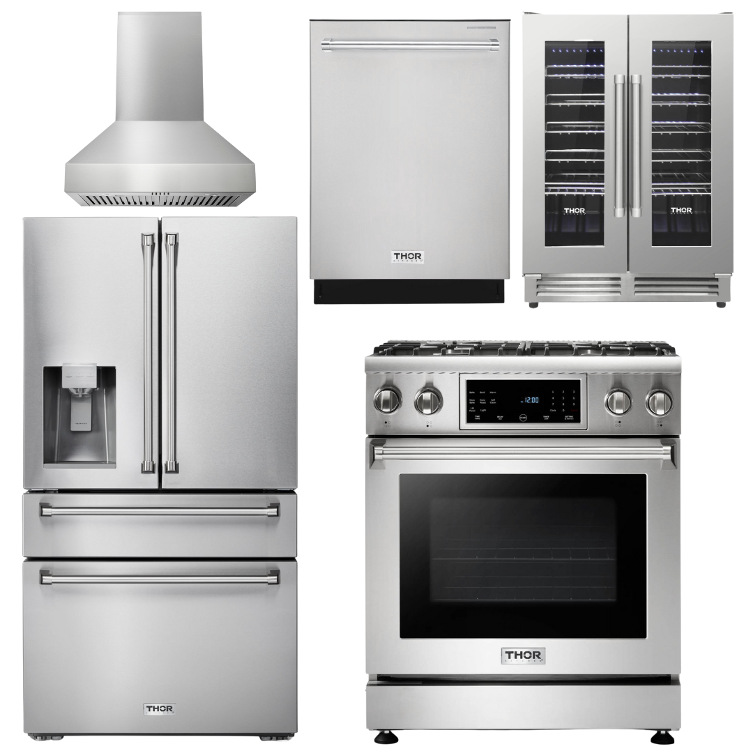 THOR Kitchen Package - 30" Gas Range, Range Hood, Refrigerator with Water and Ice Dispenser, Dishwasher, Wine Cooler, AP-TRG3001-W-8