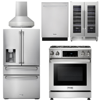 THOR Kitchen Package - 30" Gas Range, Range Hood, Refrigerator with Water and Ice Dispenser, Dishwasher, Wine Cooler, AP-TRG3001-W-8