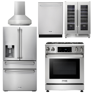 THOR Kitchen Package - 30 In. Propane Gas Range, Range Hood, Refrigerator with Water and Ice Dispenser, Dishwasher, Wine Cooler, AP-TRG3001LP-W-8