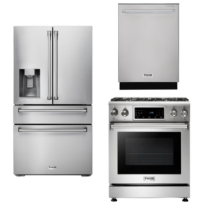 THOR Kitchen Package - 30" Gas Range, Refrigerator with Water and Ice Dispenser, Dishwasher, AP-TRG3001-9
