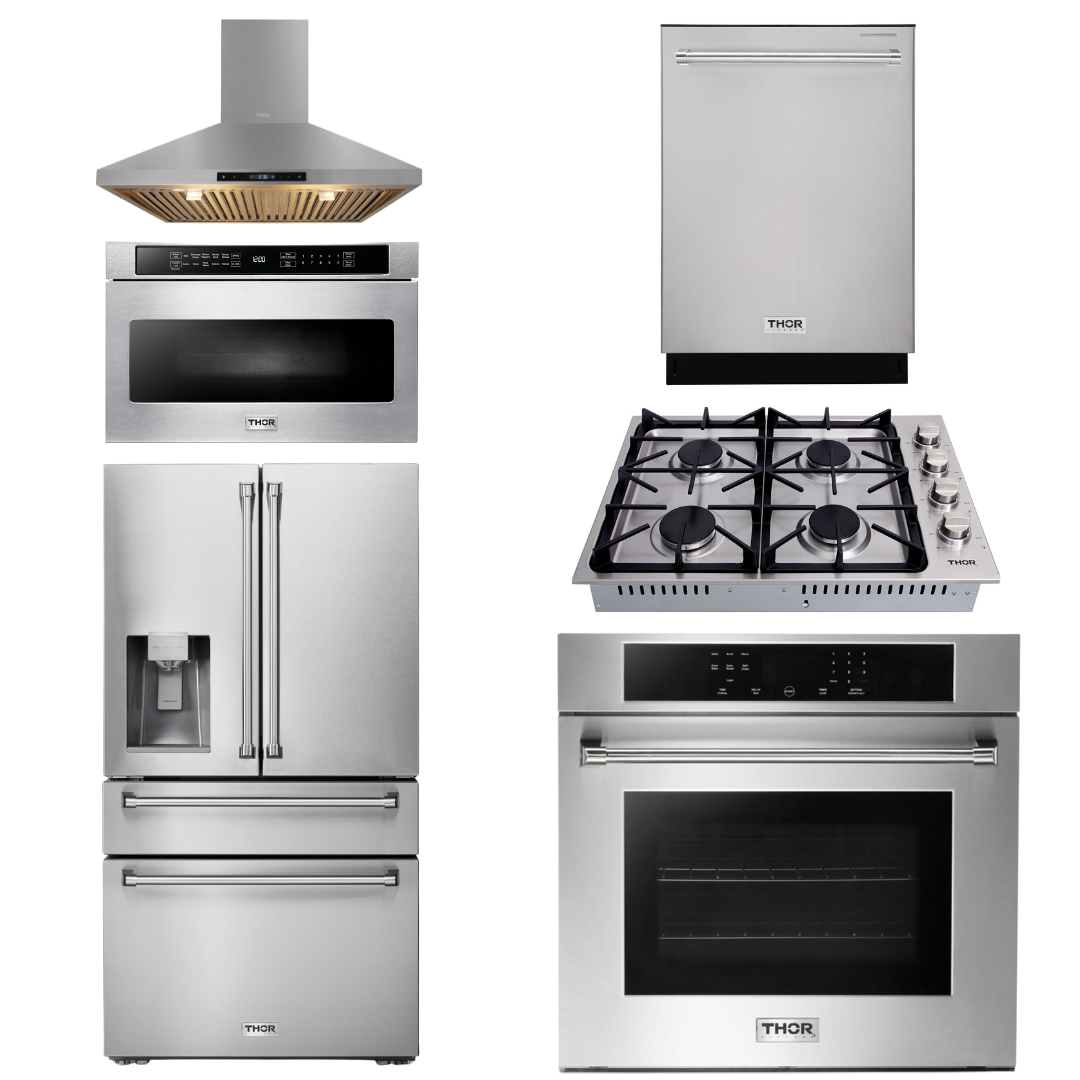 THOR Kitchen Package - 30" Wall Oven, Cooktop, Range Hood, Refrigerator with Water and Ice Dispenser, Dishwasher, Microwave, AP-HEW3001-DC-30-5