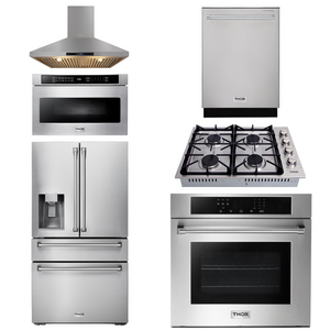 THOR Kitchen Package - 30" Wall Oven, Cooktop, Range Hood, Refrigerator with Water and Ice Dispenser, Dishwasher, Microwave, AP-HEW3001-DC-30-5