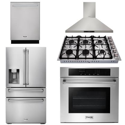 THOR Kitchen Package - 30" Wall Oven, 36" Cooktop, Range Hood, Refrigerator with Water and Ice Dispenser, Dishwasher, AP-HEW3001-DC-36-3