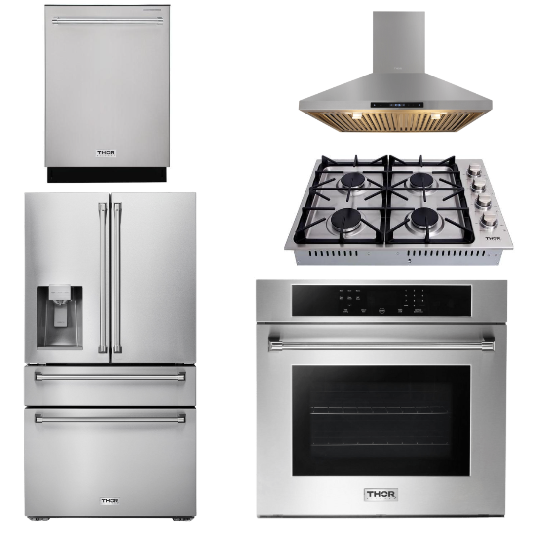 THOR Kitchen Package - 30" Wall Oven, Cooktop, Range Hood, Refrigerator with Water and Ice Dispenser, Dishwasher, AP-HEW3001-DC-30-3