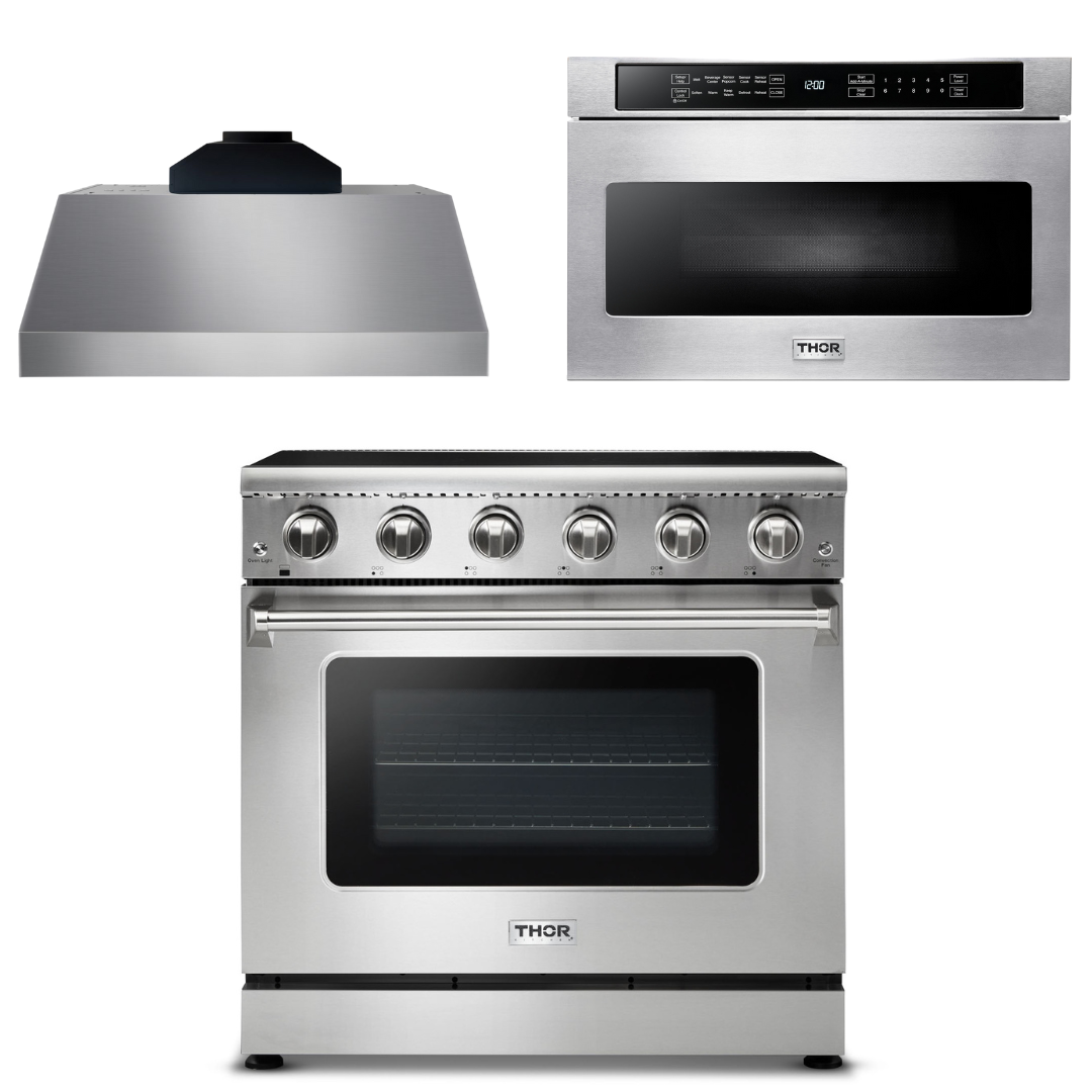 THOR Kitchen Package - 36" Electric Range, Range Hood, Microwave, AP-HRE3601-C-4