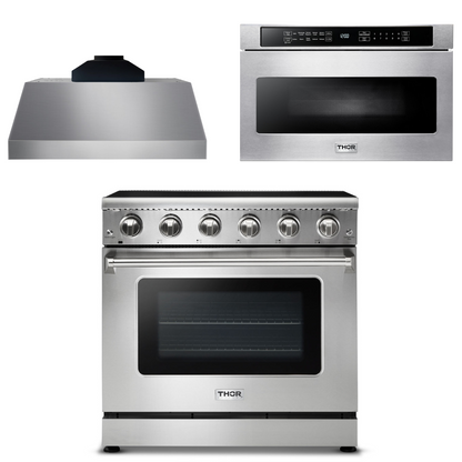 THOR Kitchen Package - 36" Electric Range, Range Hood, Microwave, AP-HRE3601-C-4