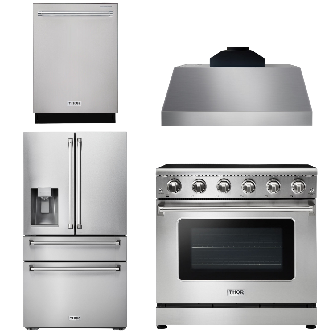 THOR Kitchen Package - 36" Electric Range, Range Hood, Refrigerator with Water and Ice Dispenser, Dishwasher, AP-HRE3601-C-7