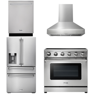THOR Kitchen Package - 36" Electric Range, Range Hood, Refrigerator with Water and Ice Dispenser, Dishwasher, AP-HRE3601-W-7