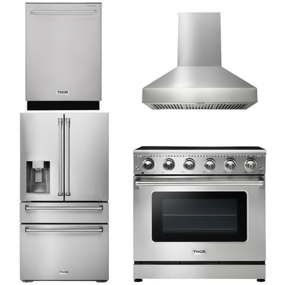 THOR Kitchen Package - 36" Electric Range, Range Hood, Refrigerator with Water and Ice Dispenser, Dishwasher, AP-HRE3601-W-7