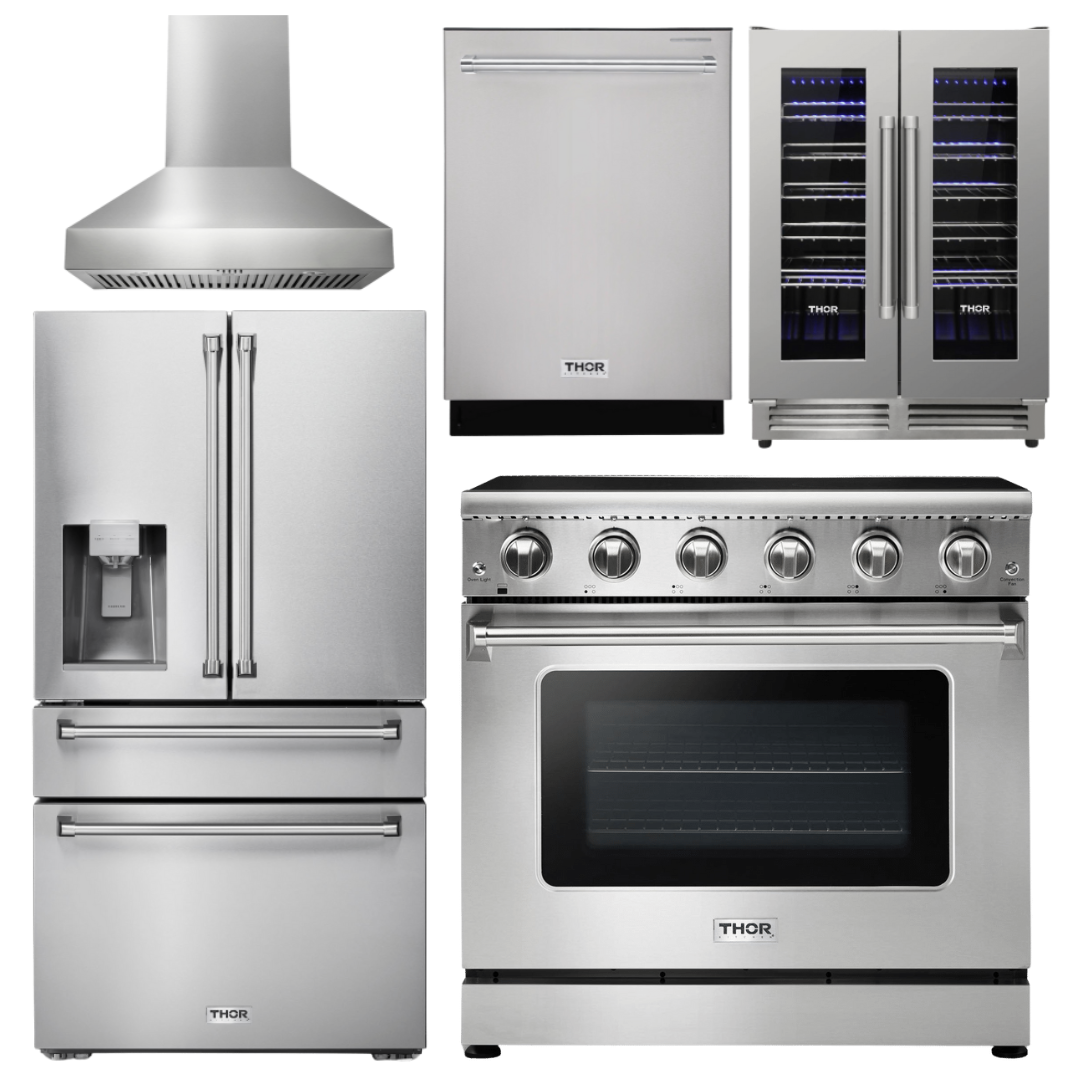 THOR Kitchen Package - 36" Electric Range, Range Hood, Refrigerator with Water and Ice Dispenser, Dishwasher, Wine Cooler, AP-HRE3601-W-8
