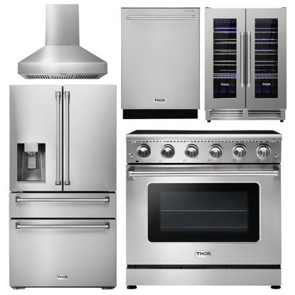 THOR Kitchen Package - 36" Electric Range, Range Hood, Refrigerator with Water and Ice Dispenser, Dishwasher, Wine Cooler, AP-HRE3601-W-8