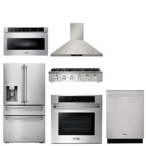 THOR Kitchen Package - 36" Propane Gas Rangetop, Range Hood, Wall Oven, Refrigerator with Water and Ice Dispenser, Dishwasher, Microwave