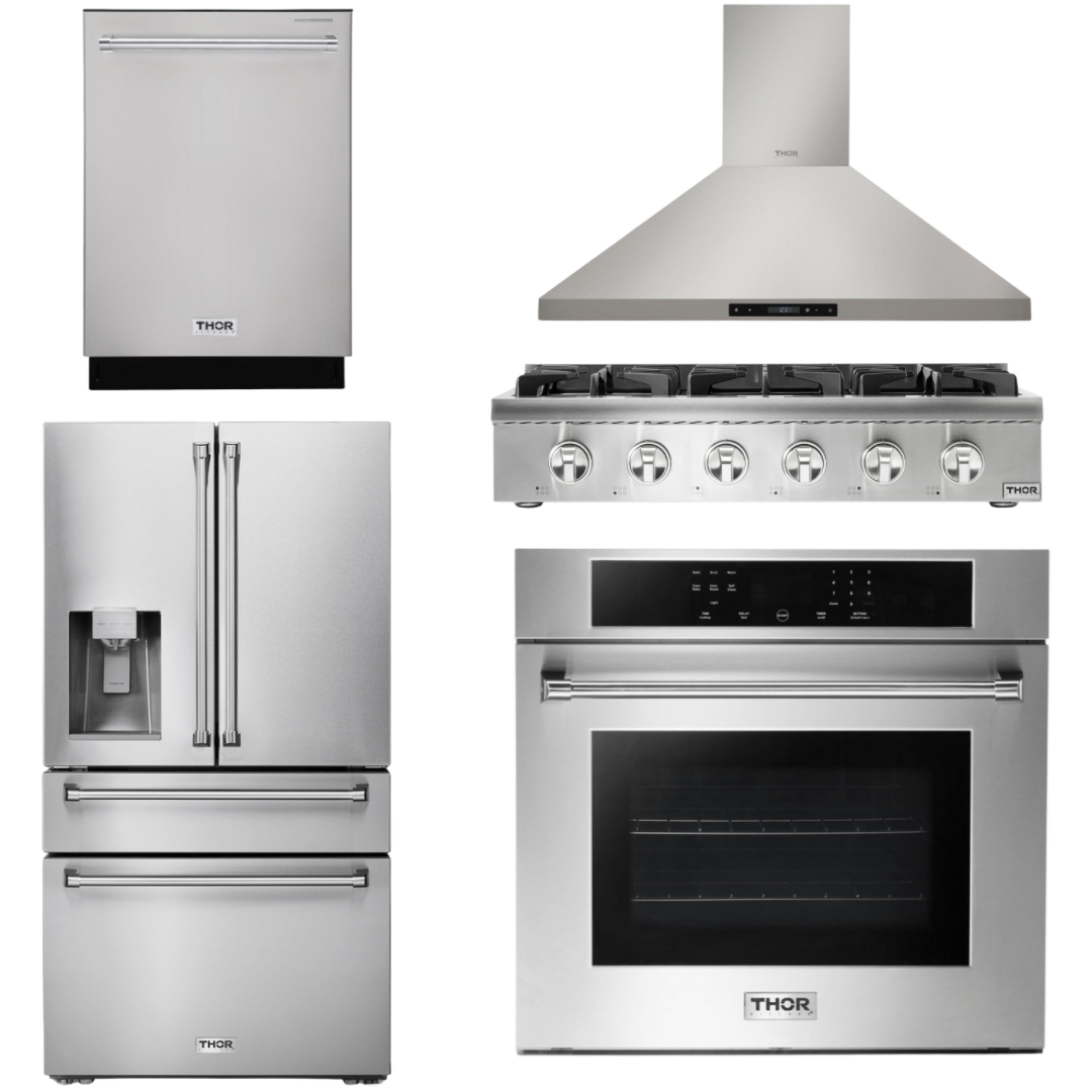 THOR Kitchen Package - 36" Gas Rangetop, Range Hood, Wall Oven, Refrigerator with Water and Ice Dispenser, Dishwasher, AP-HRT3618U-6