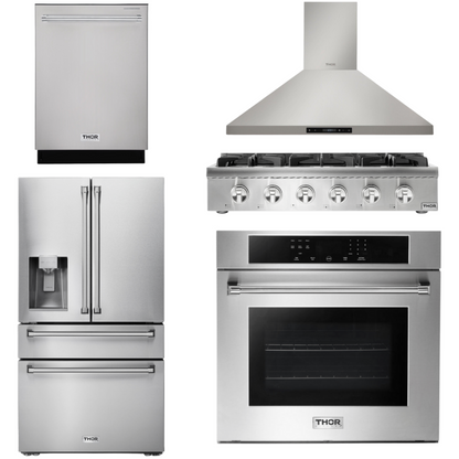 THOR Kitchen Package - 36" Gas Rangetop, Range Hood, Wall Oven, Refrigerator with Water and Ice Dispenser, Dishwasher, AP-HRT3618U-6