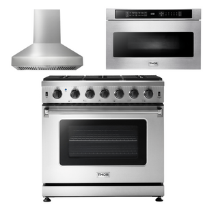 THOR Kitchen Package - 36 Inch Gas Range, Range Hood, Microwave, AP-LRG3601U-W-4