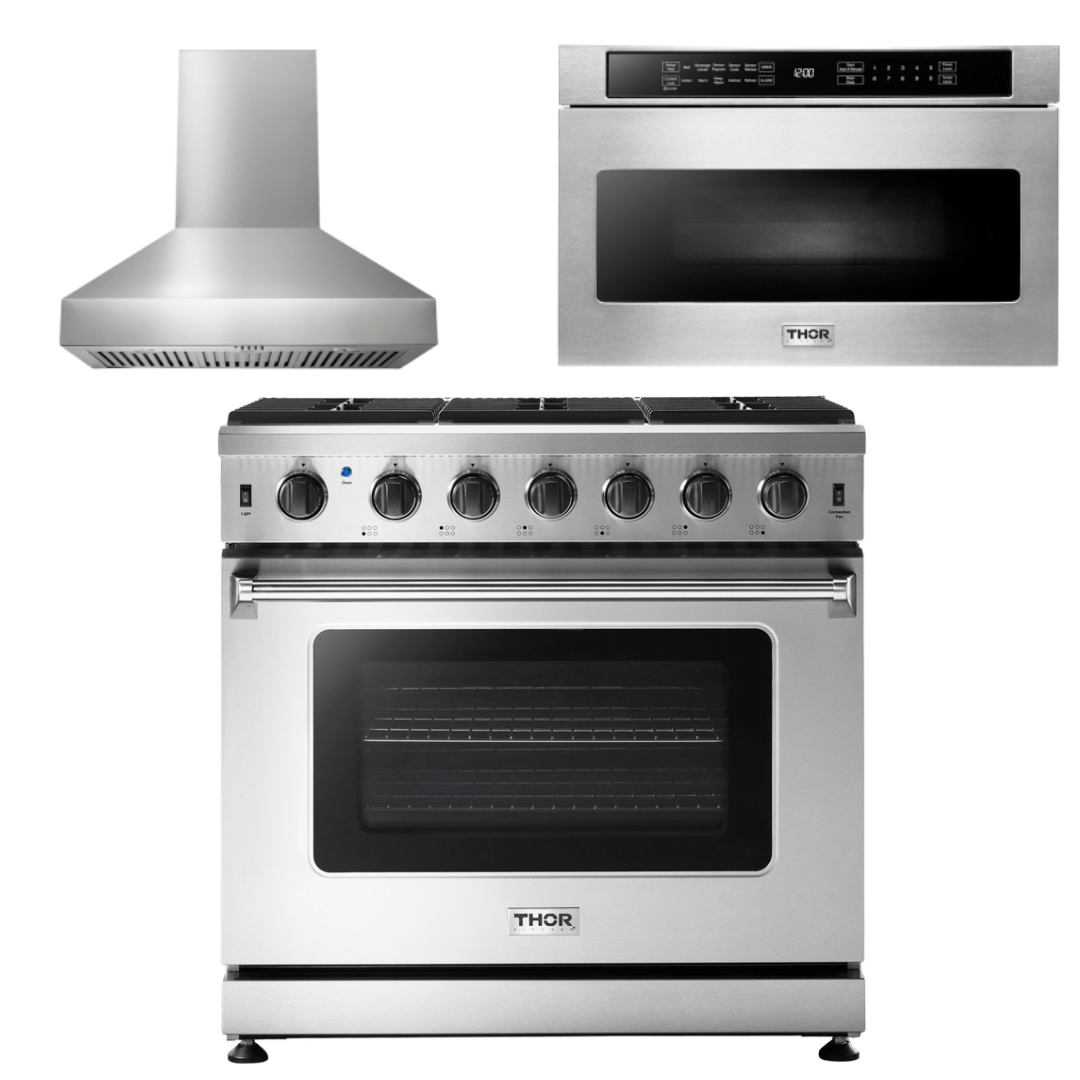 THOR Kitchen Package - 36" Propane Gas Range, Range Hood, Microwave, AP-LRG3601ULP-W-4