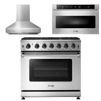 THOR Kitchen Package - 36" Propane Gas Range, Range Hood, Microwave, AP-LRG3601ULP-W-4