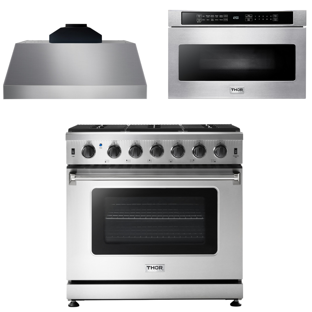 THOR Kitchen Package - 36" Propane Gas Range, Range Hood, Microwave, AP-LRG3601ULP-C-4