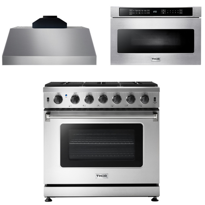 THOR Kitchen Package - 36" Propane Gas Range, Range Hood, Microwave, AP-LRG3601ULP-C-4