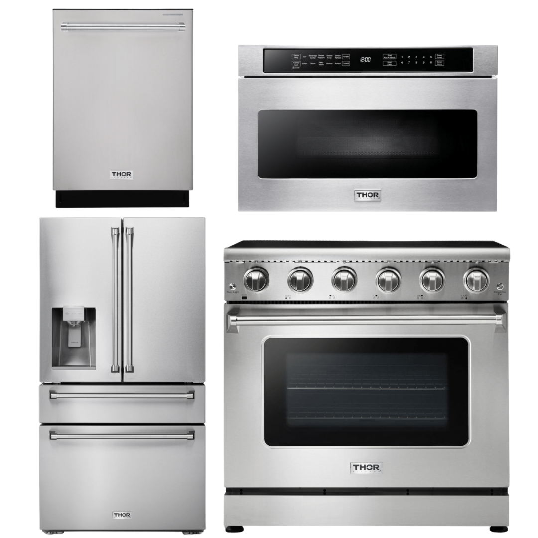 THOR Kitchen Package - 36" Electric Range, Microwave, Refrigerator with Water and Ice Dispenser, Dishwasher, AP-HRE3601-12