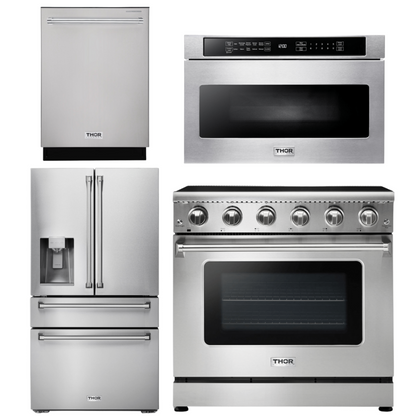 THOR Kitchen Package - 36" Electric Range, Microwave, Refrigerator with Water and Ice Dispenser, Dishwasher, AP-HRE3601-12
