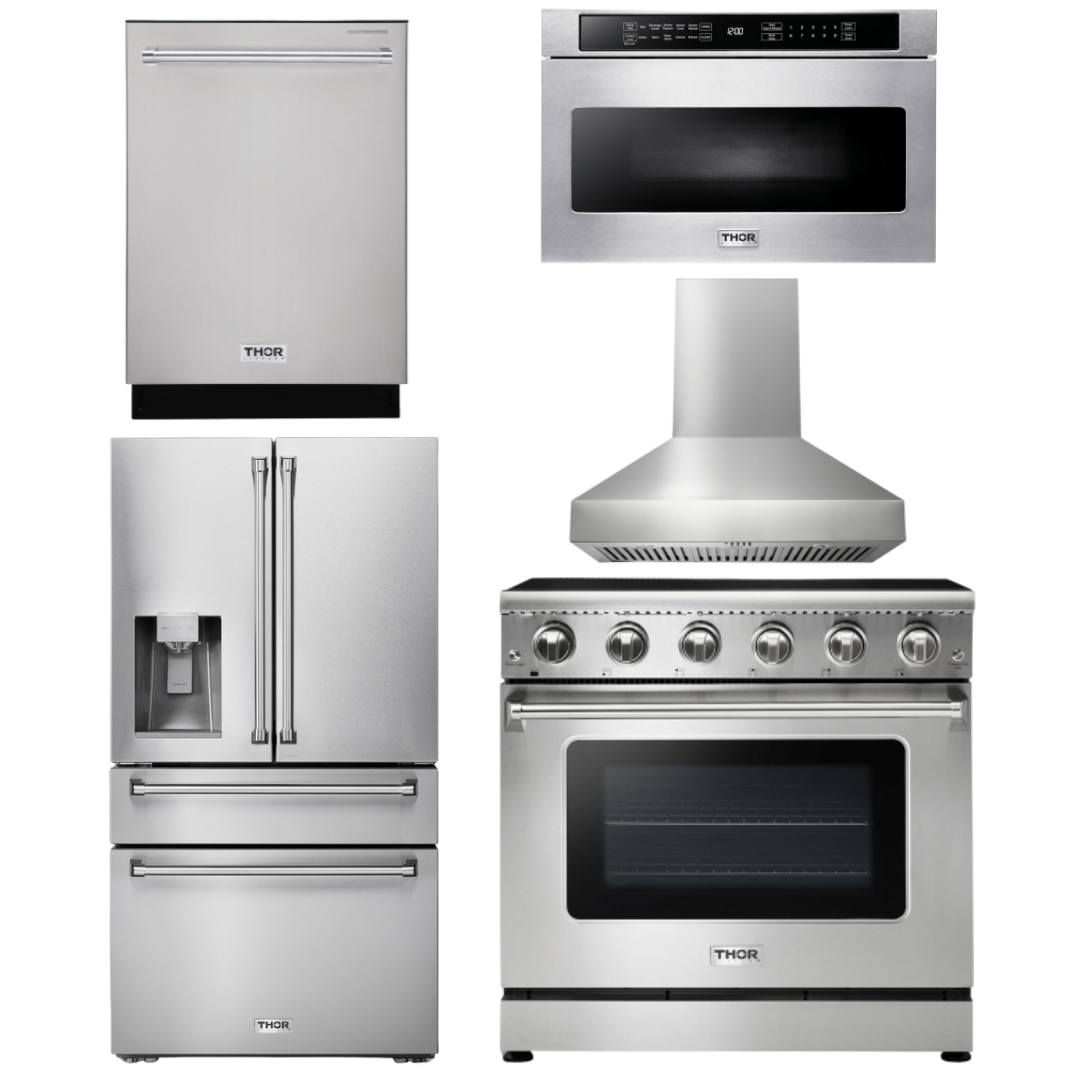 THOR Kitchen Package - 36" Electric Range, Range Hood, Microwave, Refrigerator with Water and Ice Dispenser, Dishwasher