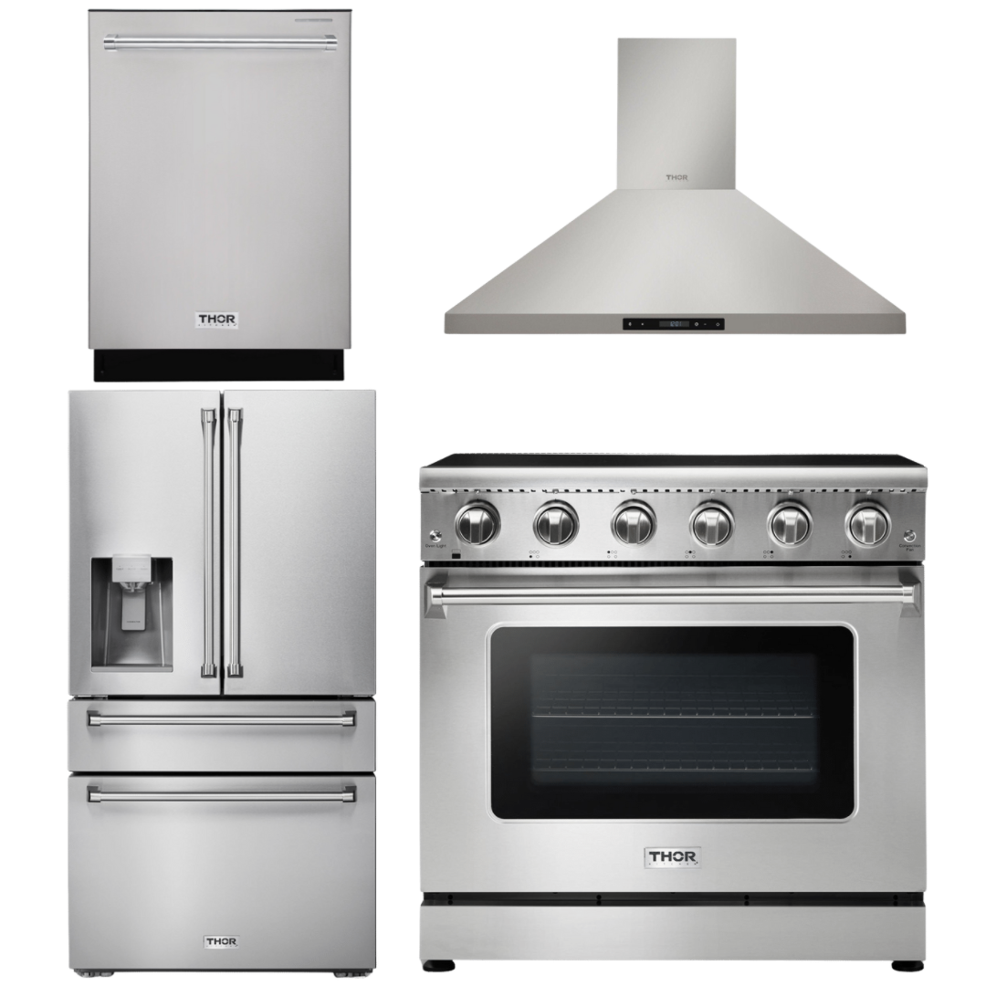 THOR Kitchen Package - 36" Electric Range, Range Hood, Refrigerator with Water and Ice Dispenser, Dishwasher, AP-HRE3601-10