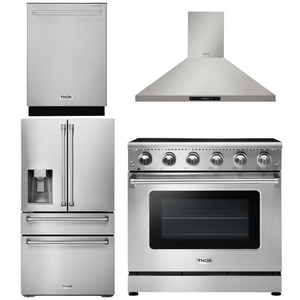 THOR Kitchen Package - 36" Electric Range, Range Hood, Refrigerator with Water and Ice Dispenser, Dishwasher, AP-HRE3601-10