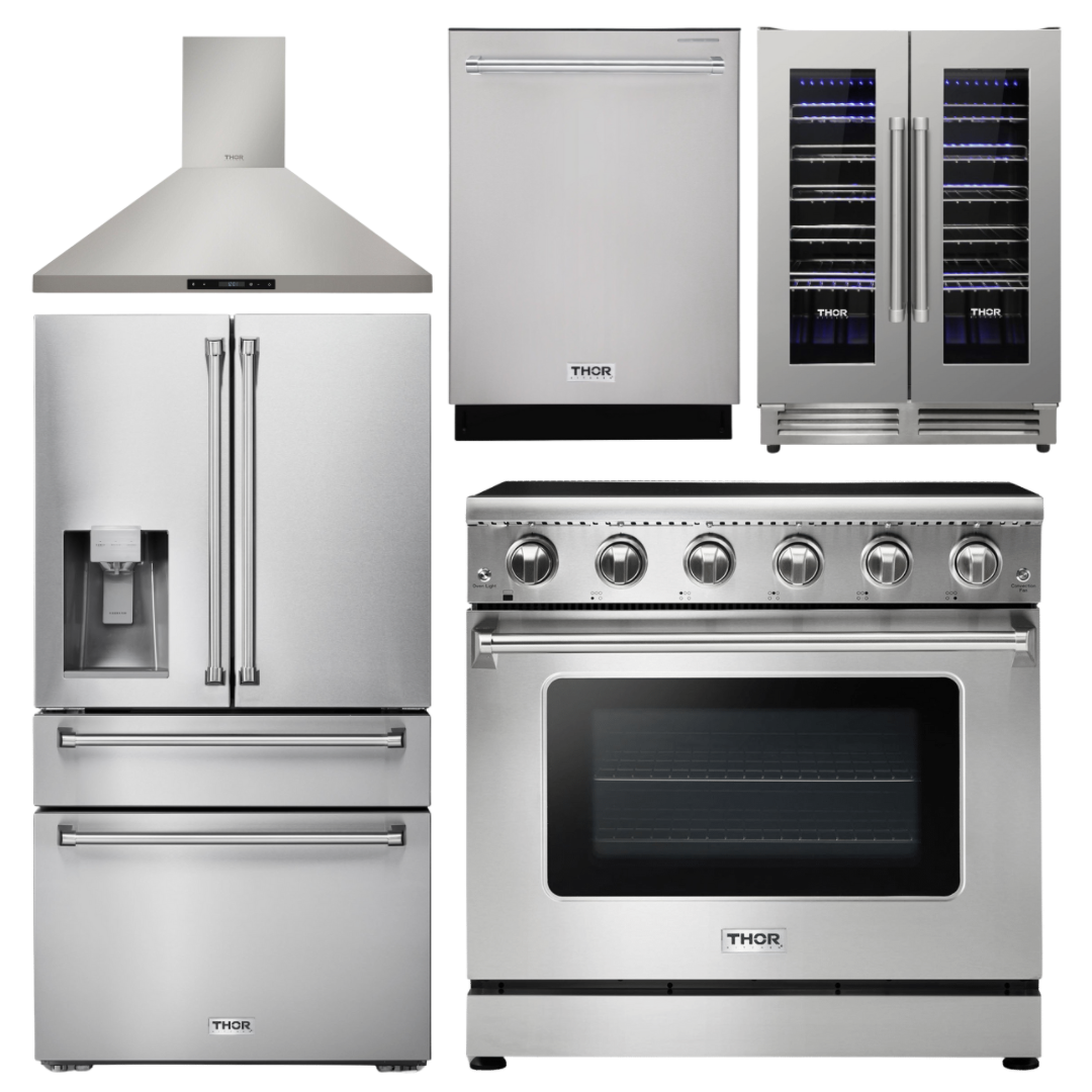 THOR Kitchen Package - 36" Electric Range, Range Hood, Refrigerator with Water and Ice Dispenser, Dishwasher, Wine Cooler, AP-HRE3601-11