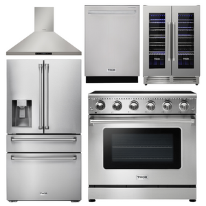 THOR Kitchen Package - 36" Electric Range, Range Hood, Refrigerator with Water and Ice Dispenser, Dishwasher, Wine Cooler, AP-HRE3601-11