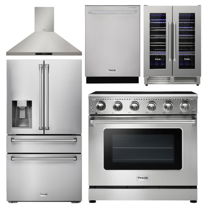 THOR Kitchen Package - 36" Electric Range, Range Hood, Refrigerator with Water and Ice Dispenser, Dishwasher, Wine Cooler, AP-HRE3601-11
