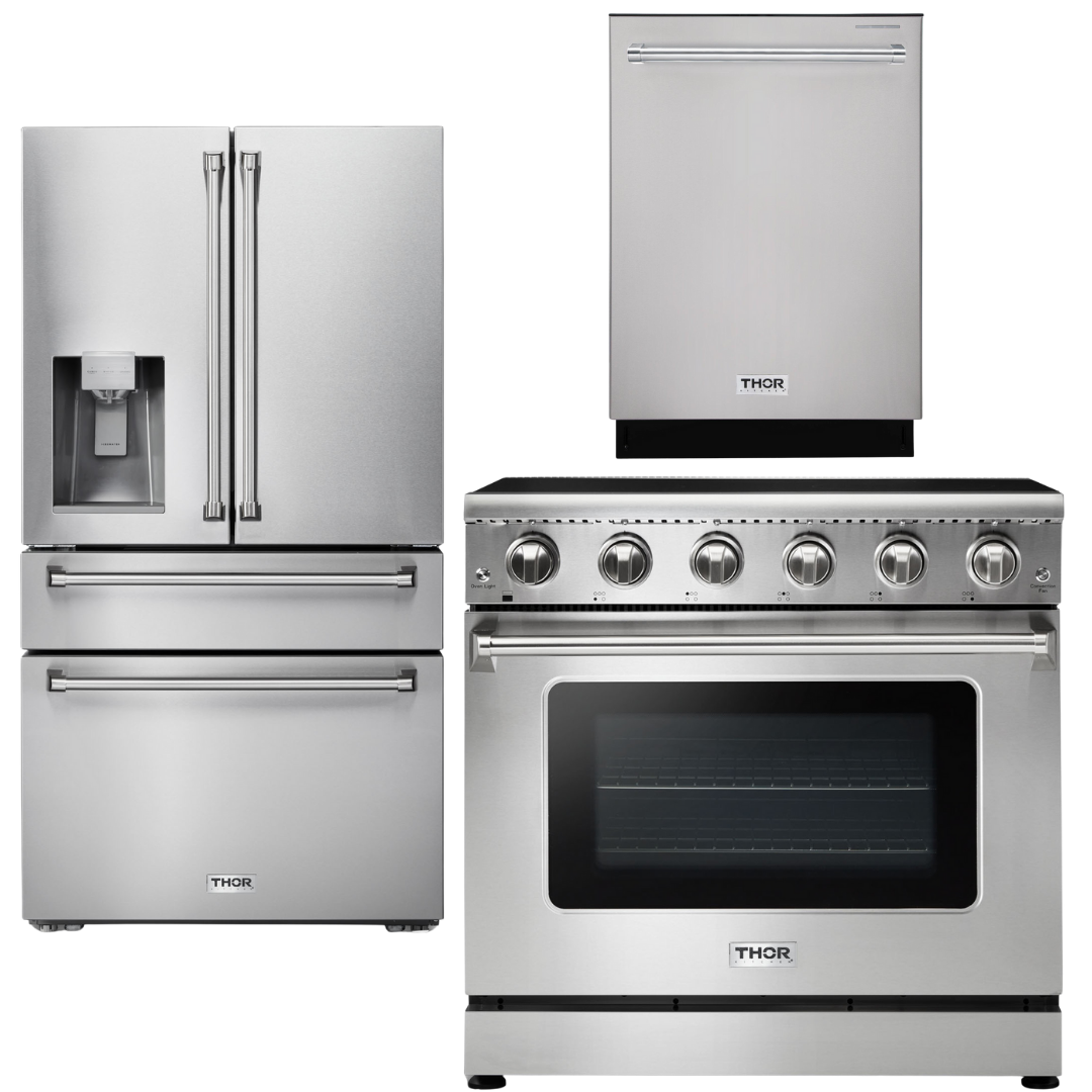 THOR Kitchen Package - 36" Electric Range, Refrigerator with Water and Ice Dispenser, Dishwasher, AP-HRE3601-9