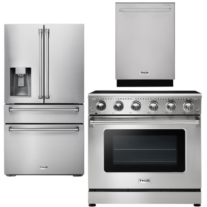 THOR Kitchen Package - 36" Electric Range, Refrigerator with Water and Ice Dispenser, Dishwasher, AP-HRE3601-9