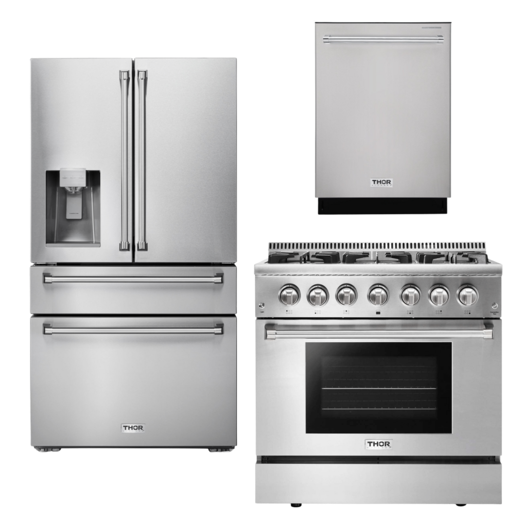 THOR Kitchen Package - 36" Dual Fuel Range, Dishwasher, Refrigerator with Water and Ice Dispenser, AP-HRD3606U-9