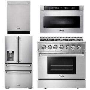 THOR Kitchen Package - 36" Propane Dual Fuel Range, Microwave, Refrigerator with Water and Ice Dispenser, Dishwasher, AP-HRD3606ULP-12