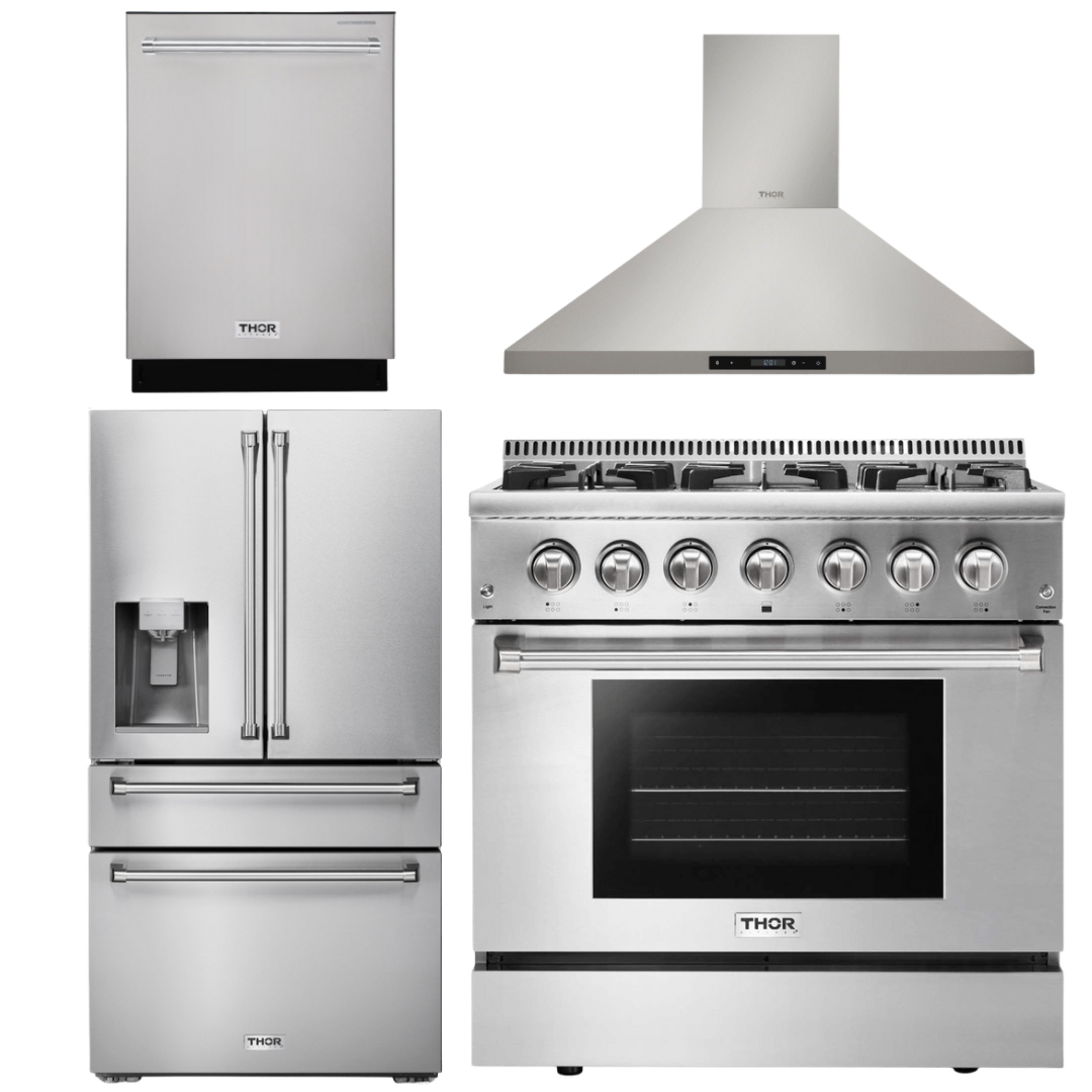 THOR Kitchen Package - 36" Dual Fuel Range, Range Hood, Dishwasher. Refrigerator with Water and Ice Dispenser, AP-HRD3606U-10