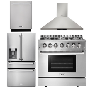 THOR Kitchen Package - 36" Dual Fuel Range, Range Hood, Dishwasher. Refrigerator with Water and Ice Dispenser, AP-HRD3606U-10