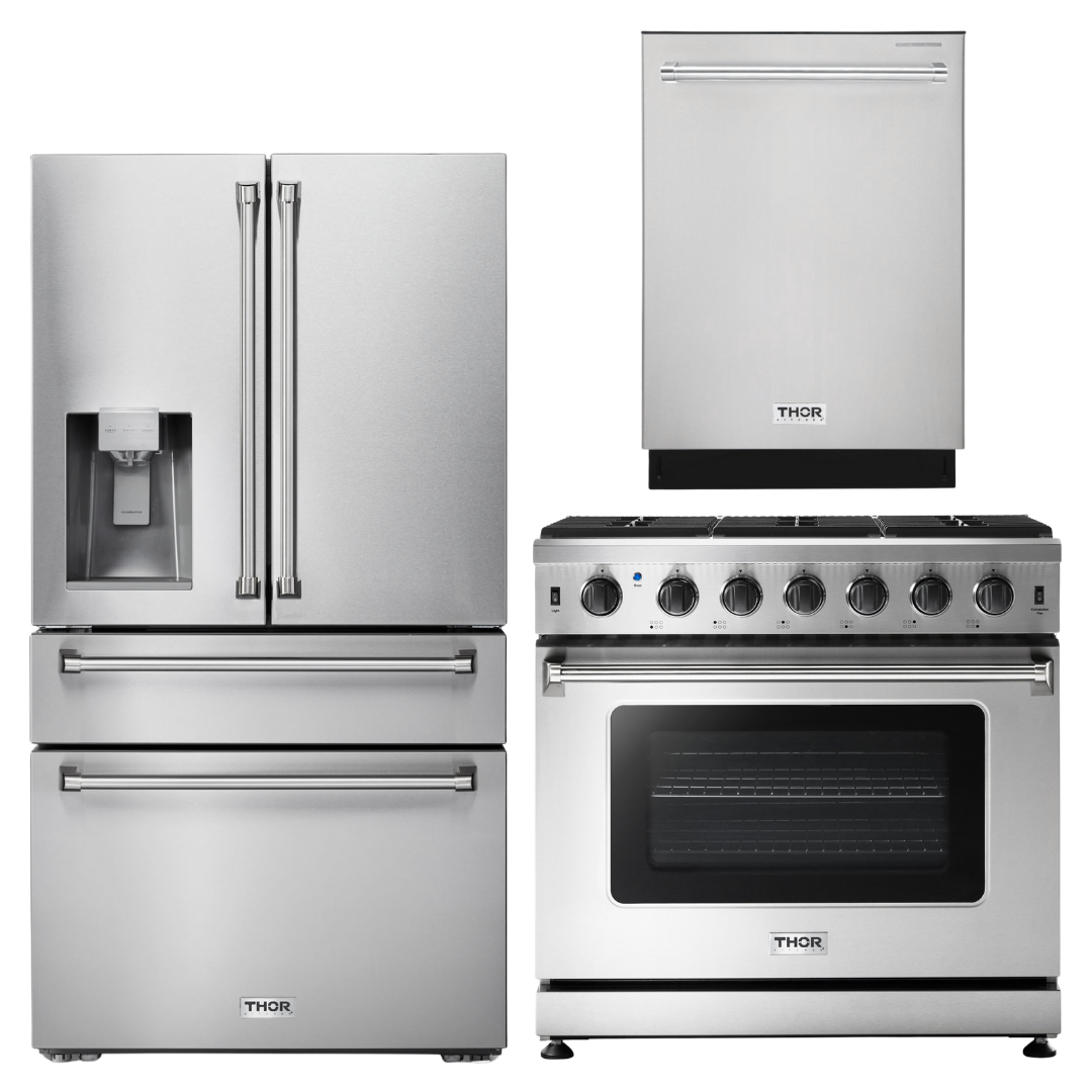 THOR Kitchen Package - 36" Propane Gas Range, Refrigerator with Water and Ice Dispenser, Dishwasher, AP-LRG3601ULP-9