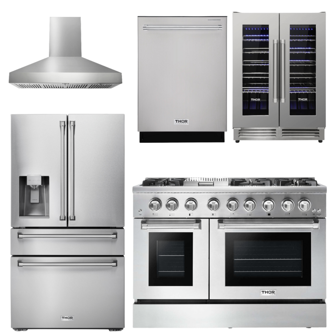 THOR Kitchen Package - 48" Dual Fuel Range, Range Hood, Refrigerator with Water and Ice Dispenser, Dishwasher, Wine Cooler, AP-HRD4803U-W-8