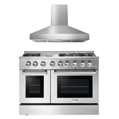 THOR Kitchen Package - 48" Propane Gas Burner, Electric Oven Range and Range Hood, AP-HRD4803ULP-W