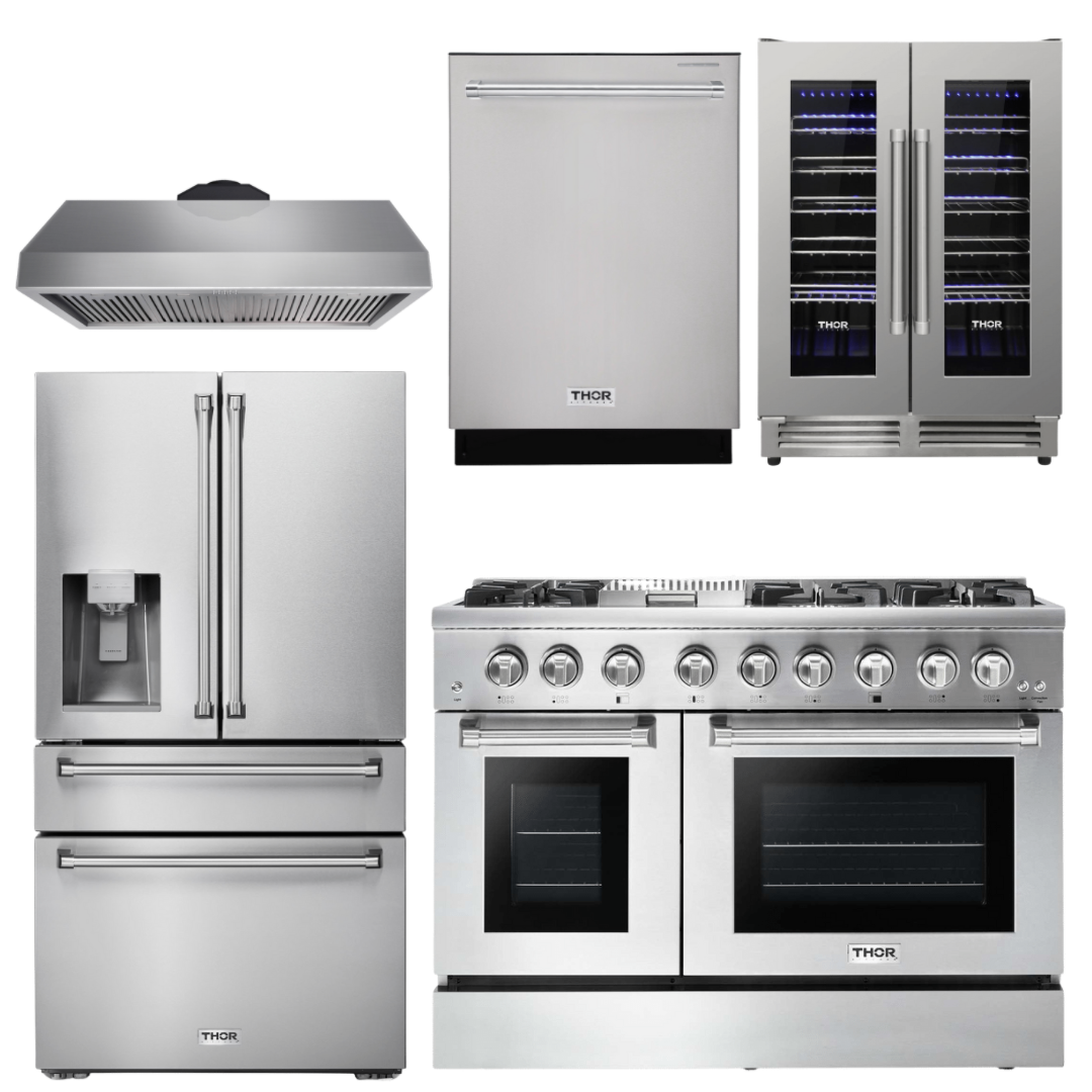 THOR Kitchen Package - 48" Dual Fuel Range, Range Hood, Refrigerator with Water and Ice Dispenser, Dishwasher, Wine Cooler, AP-HRD4803U-11