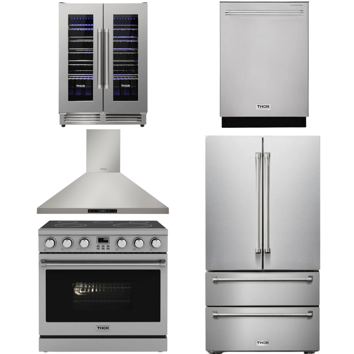 THOR Contemporary Package - 36" Electric Range, Range Hood, Refrigerator, Dishwasher and Wine Cooler, AP-ARE36-C100