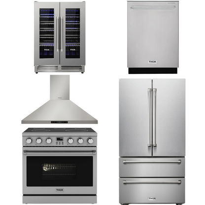 THOR Contemporary Package - 36" Electric Range, Range Hood, Refrigerator, Dishwasher and Wine Cooler, AP-ARE36-C100