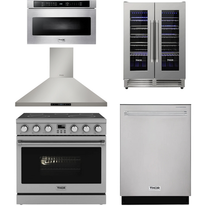 THOR Contemporary Package - 36" Electric Range, Range Hood, Dishwasher, Microwave and Wine Cooler, AP-ARE36-C109