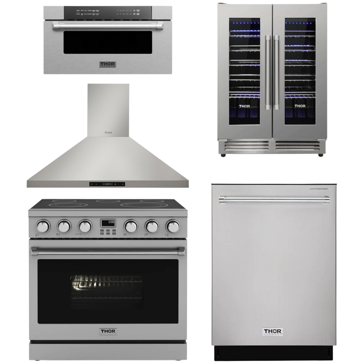 THOR Contemporary Package - 36" Electric Range, Range Hood, Dishwasher, Microwave and Wine Cooler, AP-ARE36-C110