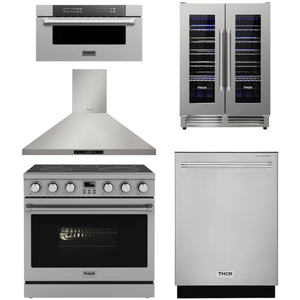THOR Contemporary Package - 36" Electric Range, Range Hood, Dishwasher, Microwave and Wine Cooler, AP-ARE36-C110
