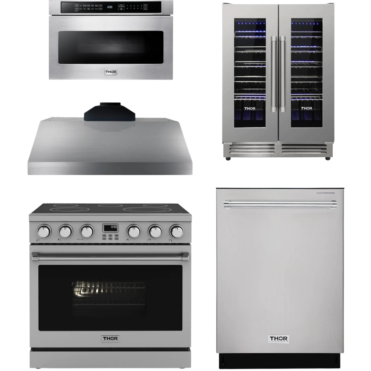 THOR Contemporary Package - 36" Electric Range, Range Hood, Dishwasher, Microwave and Wine Cooler, AP-ARE36-C113