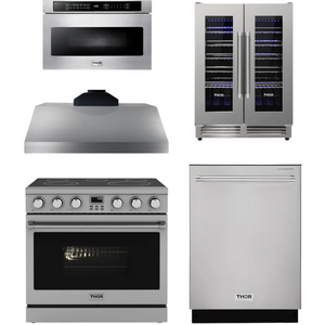 THOR Contemporary Package - 36" Electric Range, Range Hood, Dishwasher, Microwave and Wine Cooler, AP-ARE36-C113