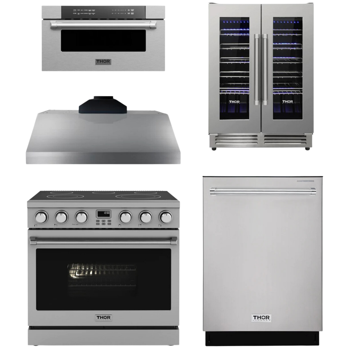THOR Contemporary Package - 36" Electric Range, Range Hood, Dishwasher, Microwave and Wine Cooler, AP-ARE36-C114