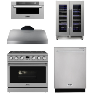 THOR Contemporary Package - 36" Electric Range, Range Hood, Dishwasher, Microwave and Wine Cooler, AP-ARE36-C114